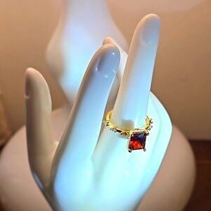 18K Golden Plated Copper Princess Cut Cubic Red Zirconia Ring Women size 7